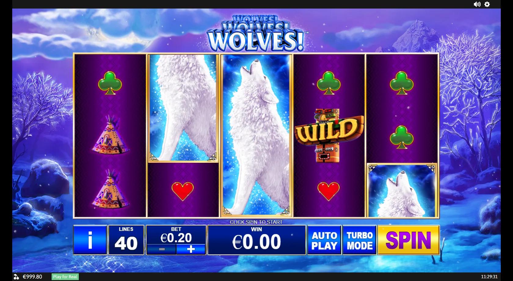 Wolves! Wolves! Wolves! slot: 5x3 40-line grid with a colossal white wolf wild, WILD totem and teepee symbols