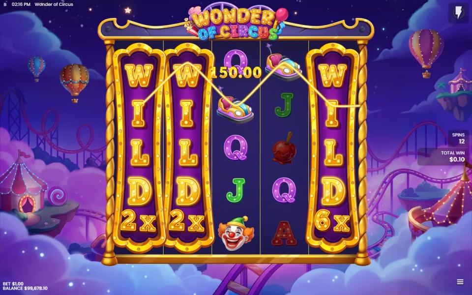 Wonder of Circus 5x5 board in the Wheel Bonanza free spins, with three full Wild Reels carrying 2x, 2x and 6x multipliers and a winning line running through all three