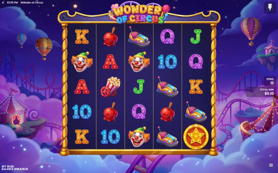 The gold star Lucky Wheel symbol landing on the bottom row of reel 5 during a Wonder of Circus free spin