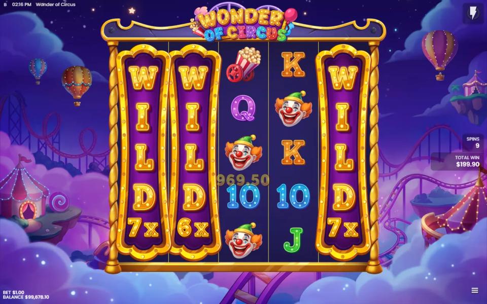 Wonder of Circus respin with Wild Reels of 7x on reel 1, 6x on reel 2 and 7x on reel 5, the biggest hit of the Wheel Bonanza round