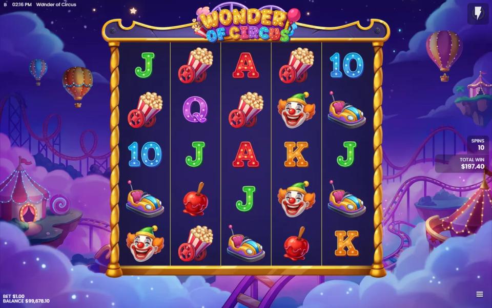 A plain Wonder of Circus free spin with no Lucky Wheel and no Wild Reels on the 5x5 board