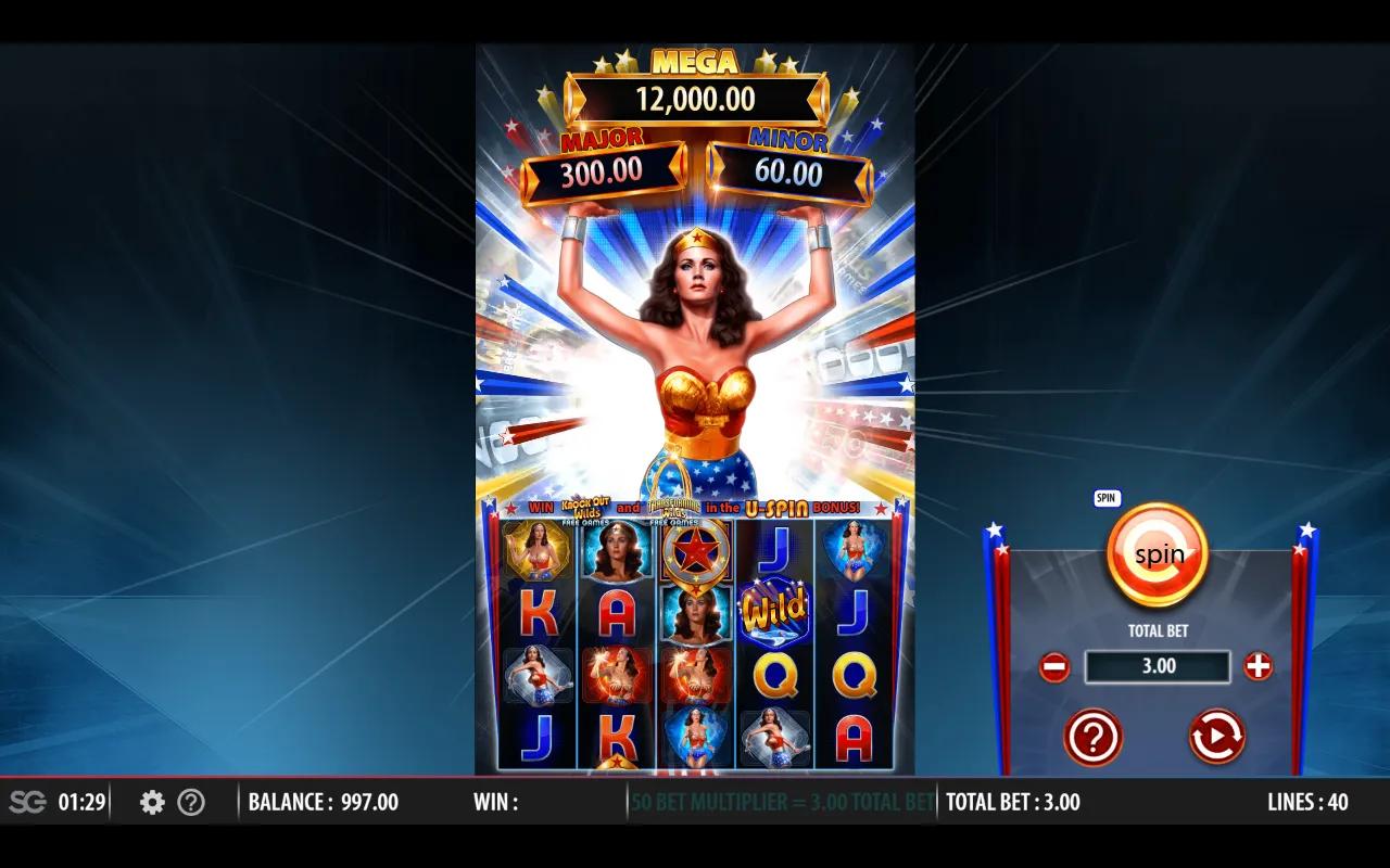 Wonder Woman Bullets & Bracelets 5x4 grid with gold MEGA/MAJOR/MINOR jackpot banner above a blue starburst background.