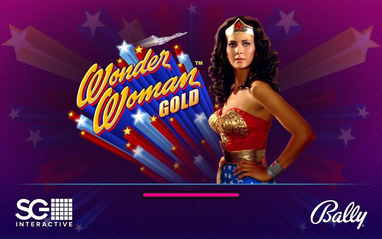 Wonder Woman Gold 5x3 reels with Lynda Carter Wonder Woman art, jackpot ladder and Mystery symbols visible