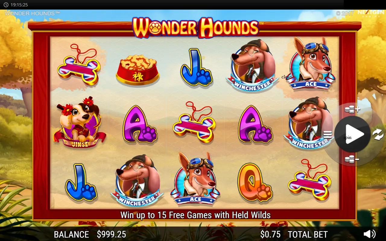 Wonderhounds slot gameplay showing 5x3 grid with Ace, Winchester and Jinse dog character symbols