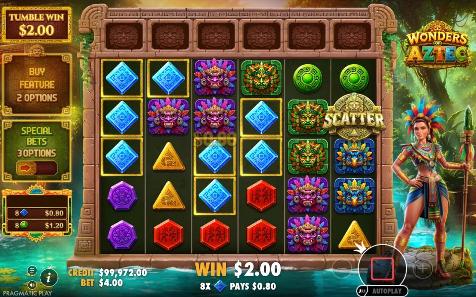 Wonders of Aztec base game, six reels and five rows of Aztec masks and carved stones, a paid cluster lit across the grid and the six empty multiplier slots above it