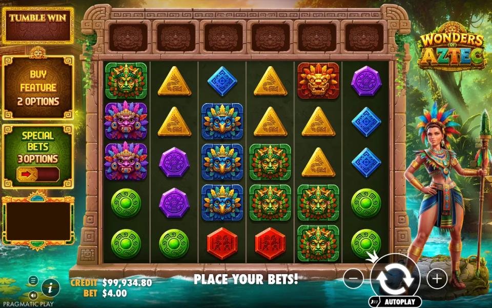 A settled Wonders of Aztec board with no win and all six multiplier slots empty