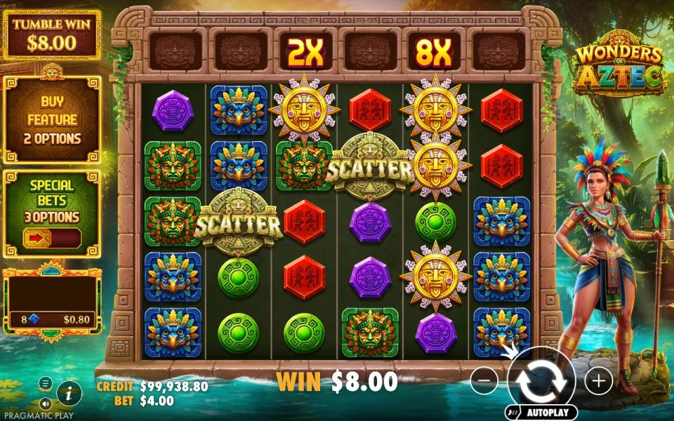 A winning Wonders of Aztec board with four gold bomb discs, a 2X over the third reel and an 8X over the fifth, and a win of eight dollars on a four dollar bet