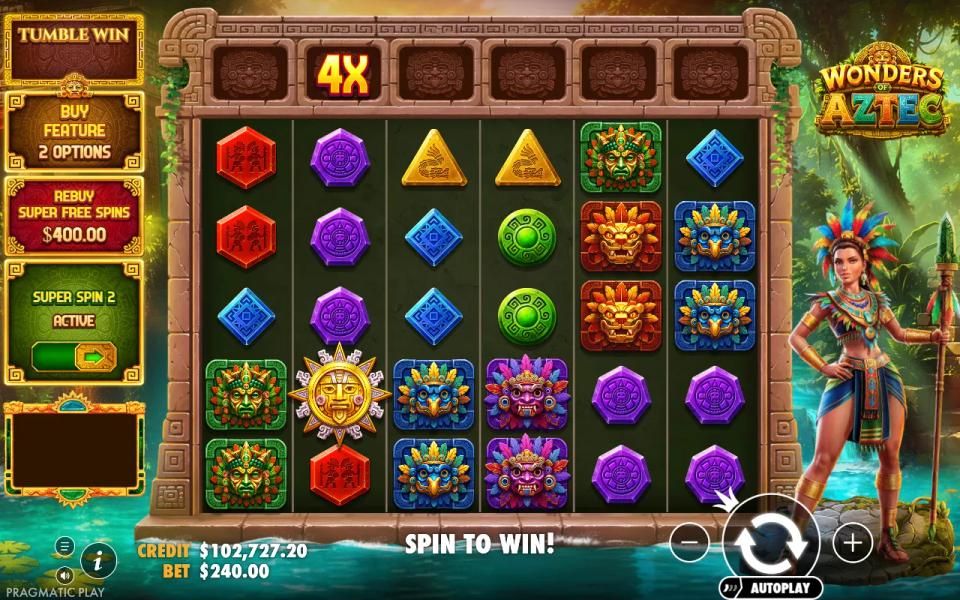 A Super Spin 2 spin costing 240 dollars, a bomb symbol on the second reel with 4X above it, and no winning combination anywhere on the grid