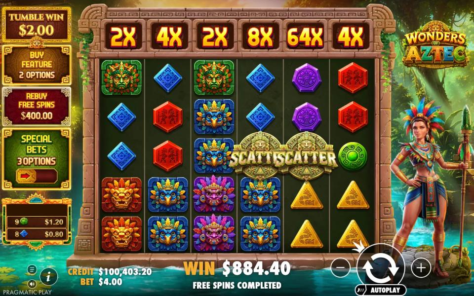 The end of a bought free spins round in Wonders of Aztec, showing a win of 884.40 and a row of six multipliers reading 2X 4X 2X 8X 64X 4X