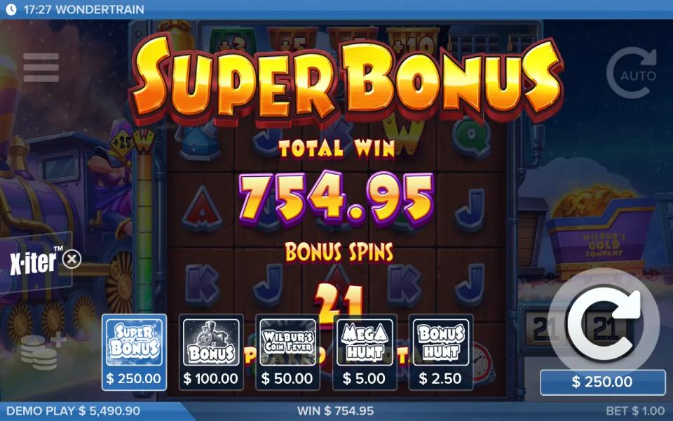 Super Bonus closing card with the X-iter menu already open and the Super Bonus card selected at 250 on the spin button