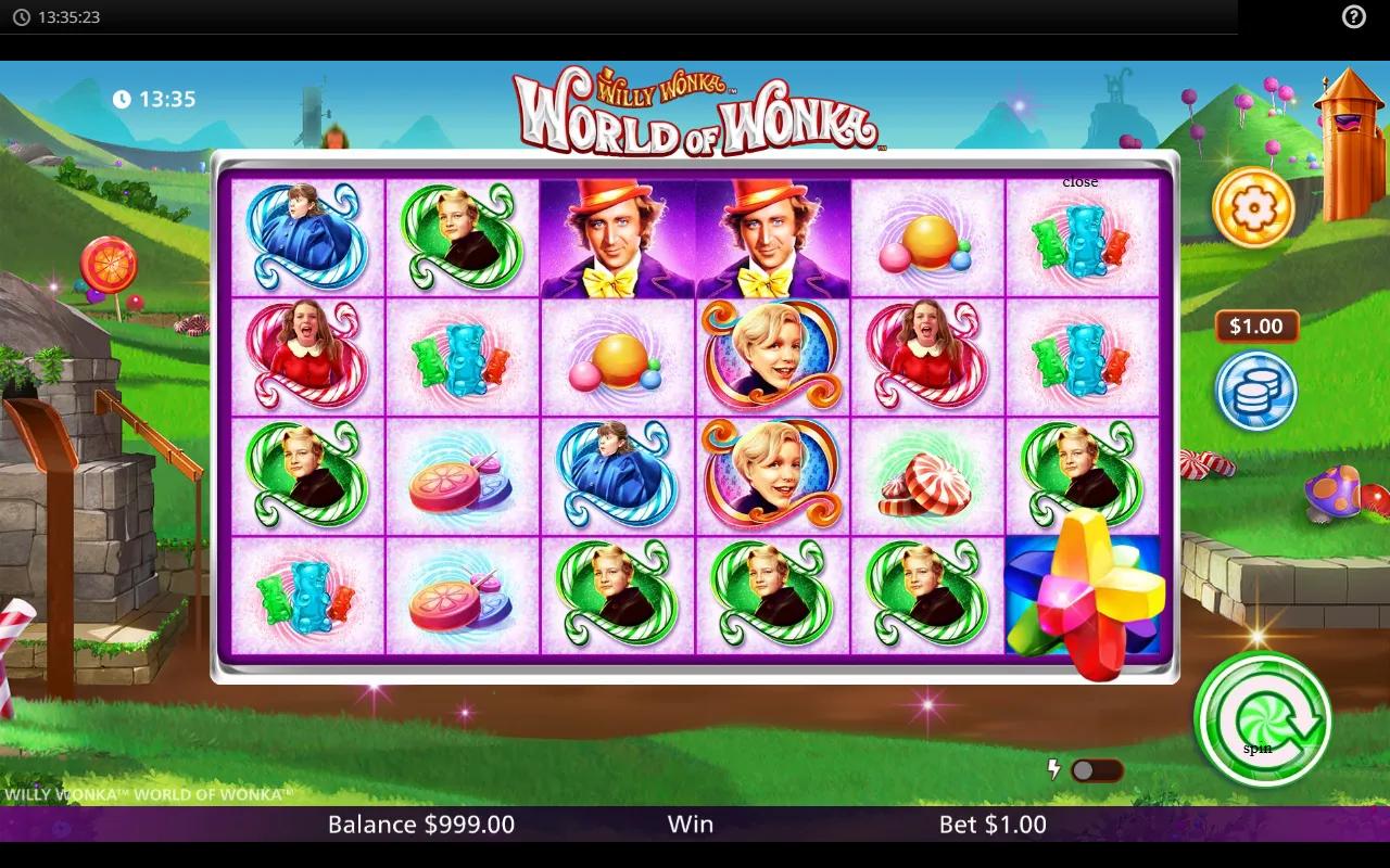 World of Wonka slot showing 6x4 grid with Willy Wonka and child character premiums against a candy countryside