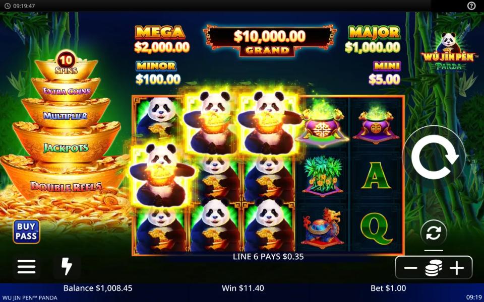 Wu Jin Pen - Panda base game on a 5x3 grid, with the mystery stacked reels resolved into nine panda wilds filling the first three reels, the five-ingot bonus ladder down the left edge and the five jackpot meters above the board