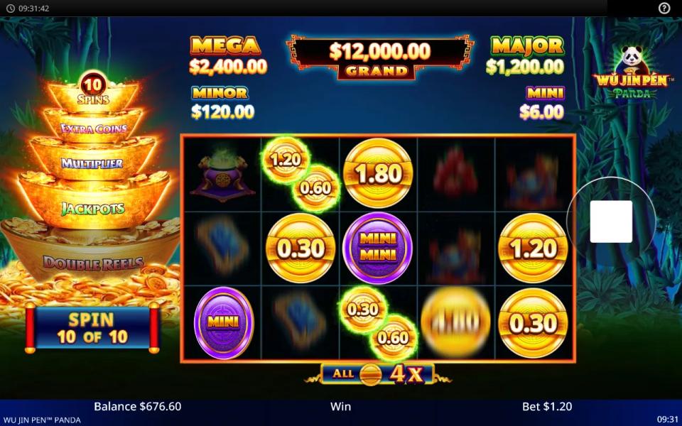 Wu Jin Pen - Panda Hold N Spin with four of the five ladder levels lit, two purple Mini jackpot coins on the board, extra coins paired beside locked ones and a four times multiplier banner under the reels