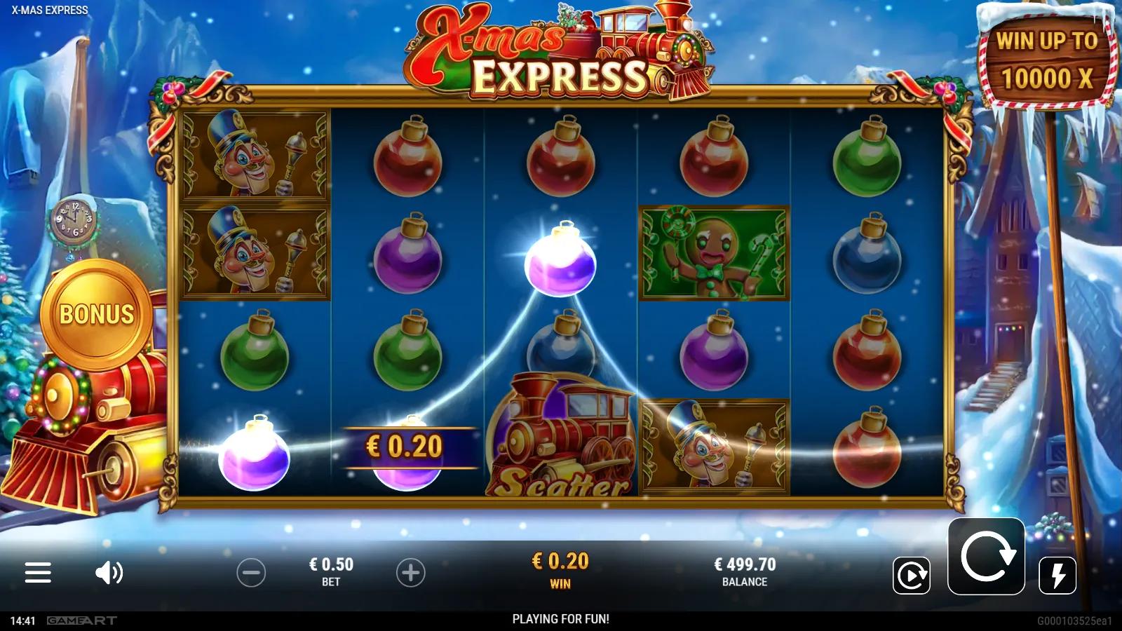 X-mas Express slot gameplay showing the 5x4 grid with Santa Wild, Christmas baubles, gift boxes and a Mega train Scatter