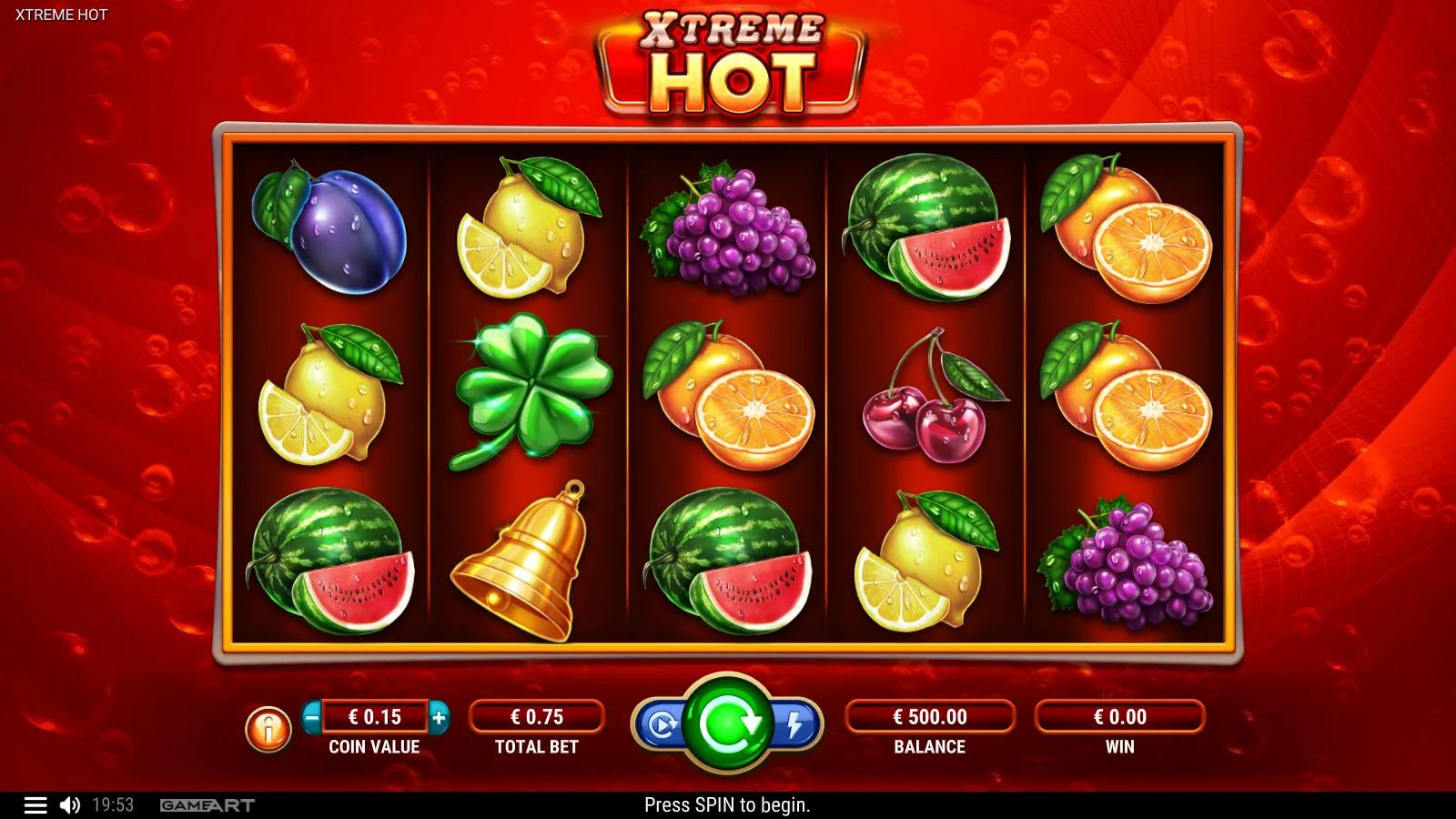 Xtreme Hot slot gameplay showing the 5x3 fruit grid with watermelon, grapes, lemon, clover and purple star Scatter symbols on a red backdrop