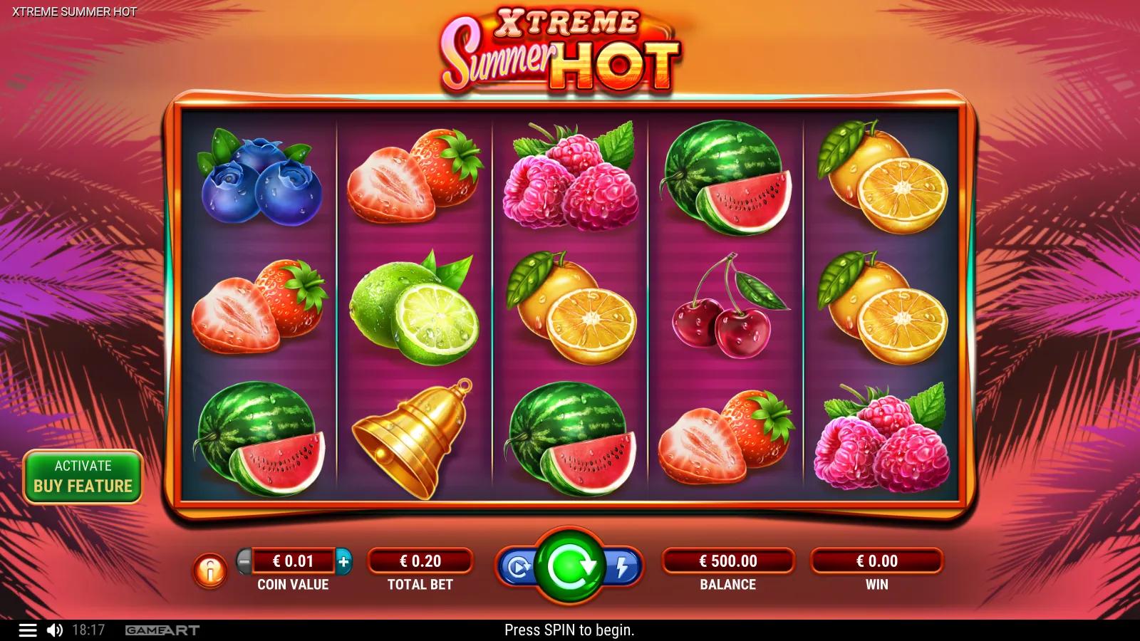 Xtreme Summer Hot slot gameplay showing the 5x3 summer fruit grid with watermelon, strawberry, lime and star Scatter symbols at sunset