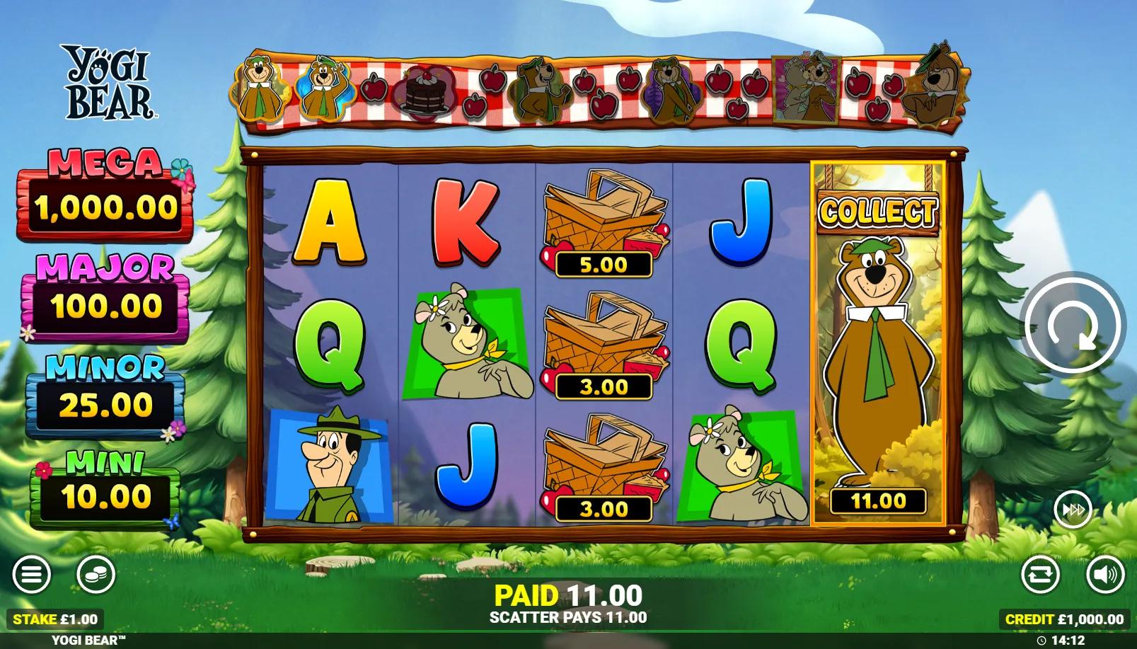 Yogi Bear slot gameplay showing 5x3 grid with Collect scatter on reel 5 and MEGA/MAJOR/MINOR/MINI cash pots