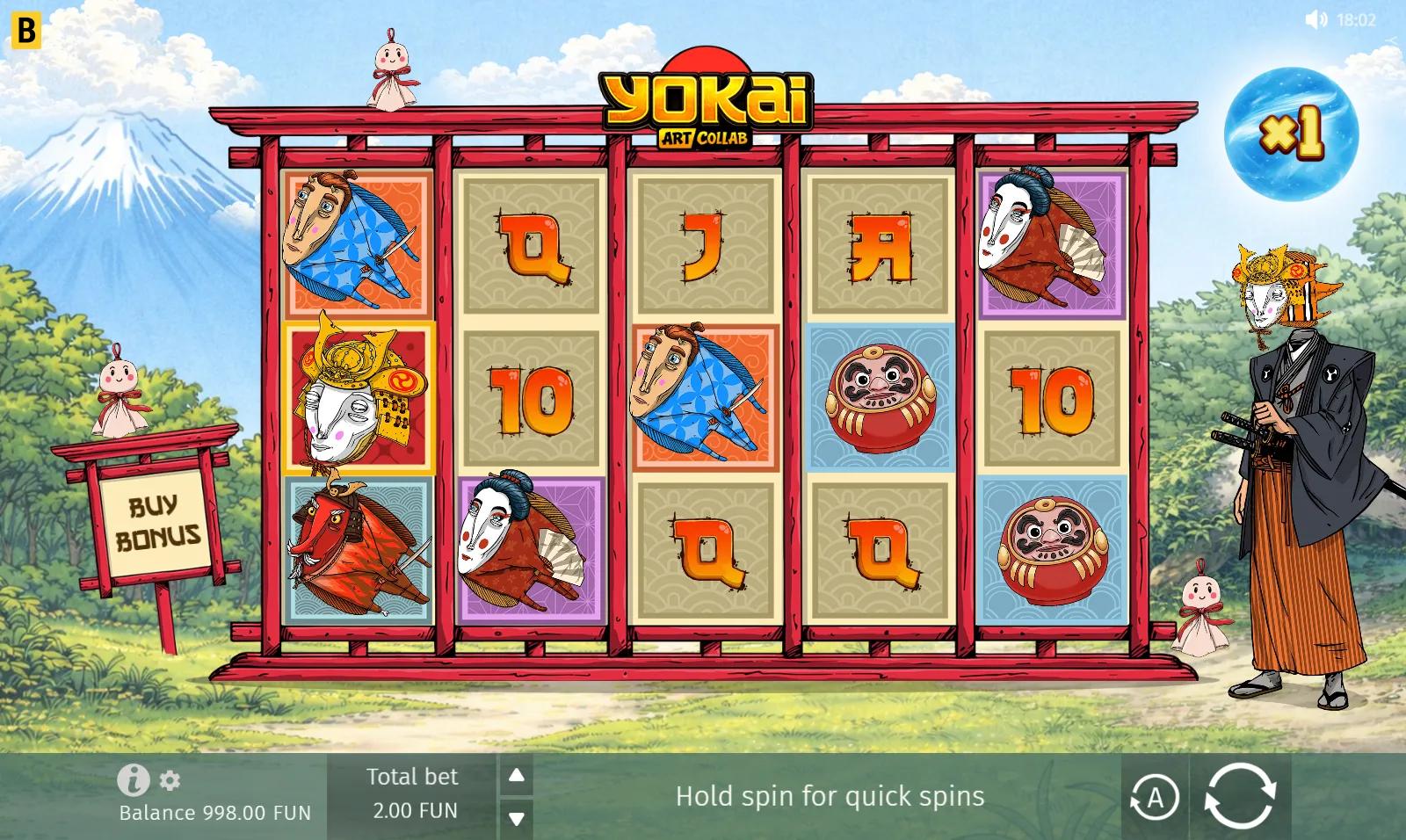 Yokai slot gameplay showing the 5x3 torii-framed grid with hand-drawn yokai creatures and daruma scatter symbols