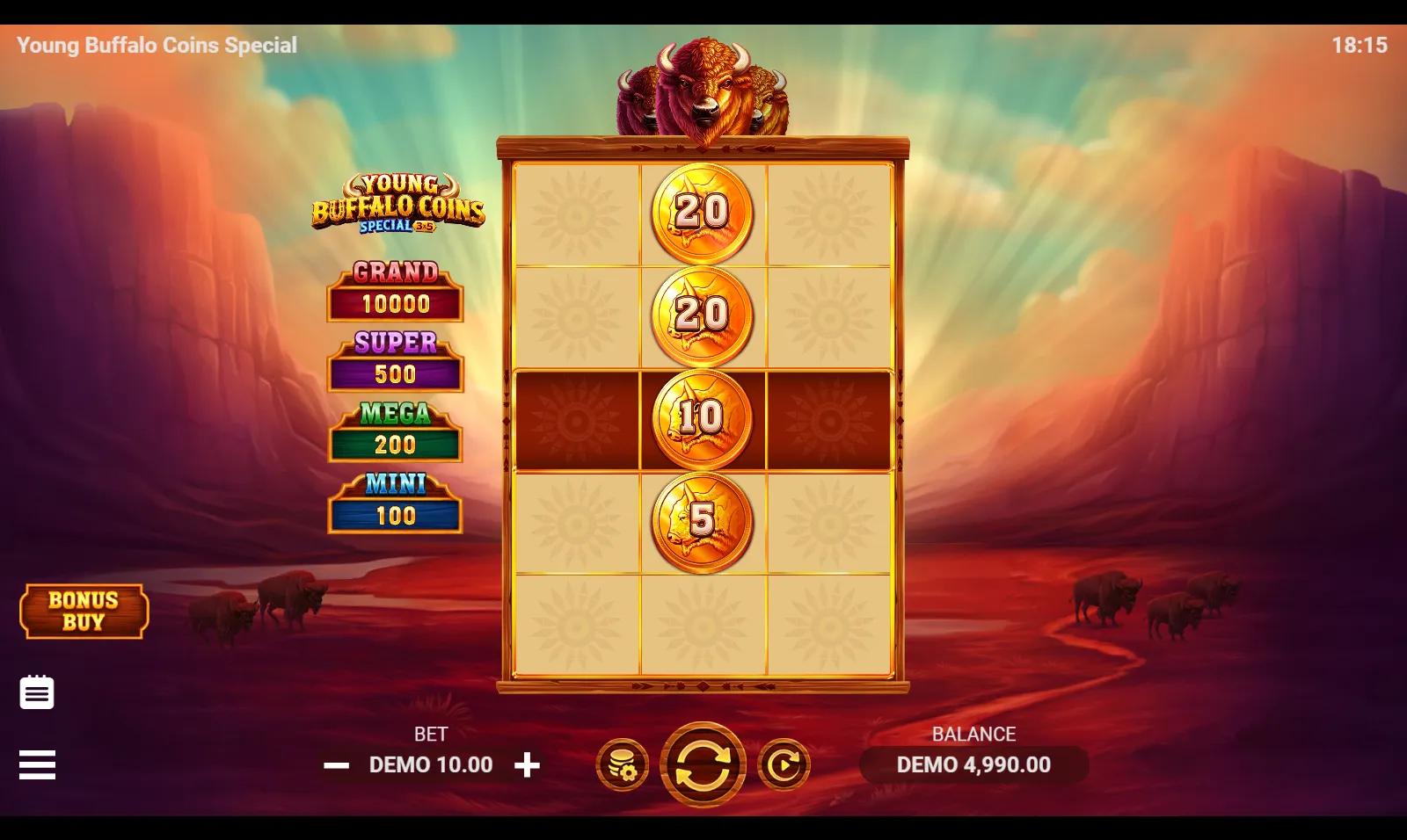 Young Buffalo Coins Special gameplay showing the 3x5 Hold and Win board with gold buffalo coin values and jackpot meters