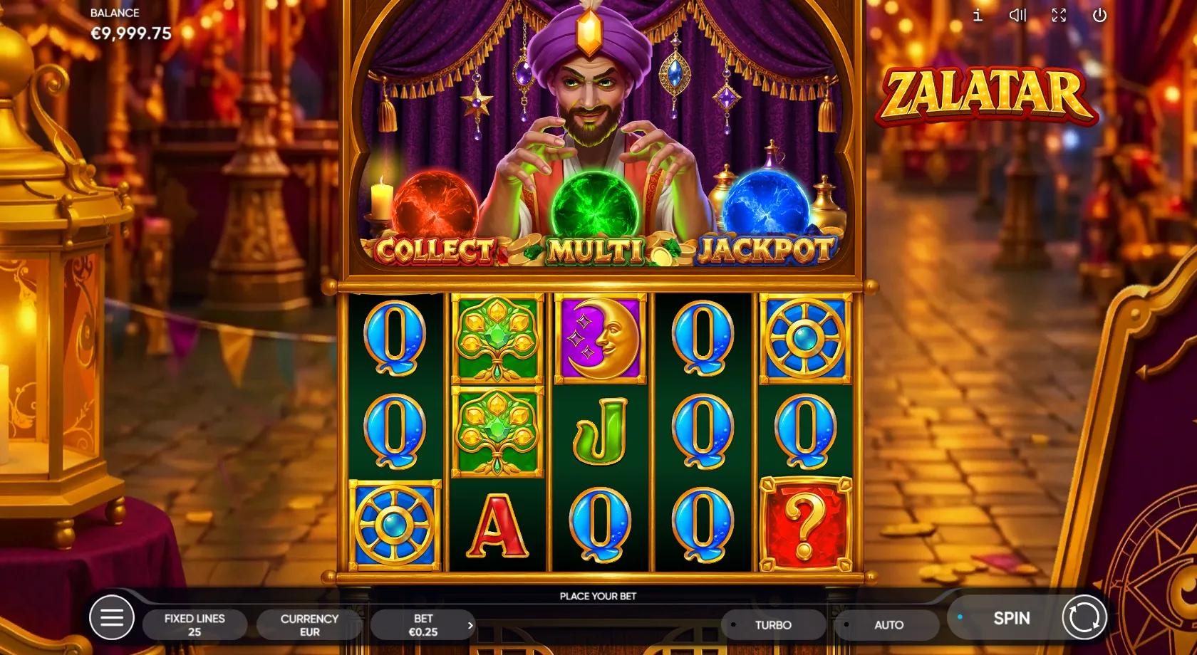 Zalatar slot gameplay showing 5x3 grid with the genie's Collect, Multi and Jackpot Orbs above the reels