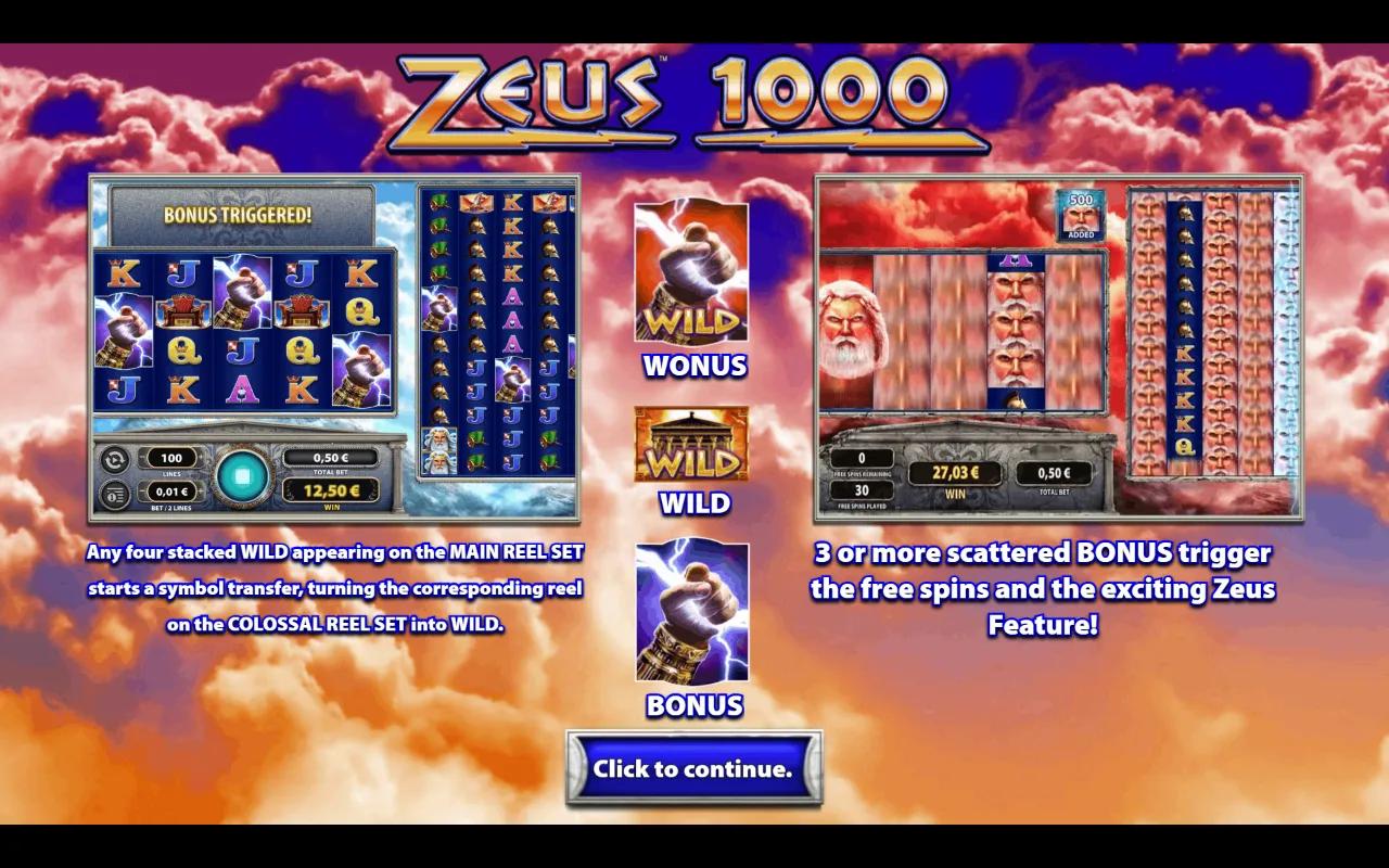 Zeus 1000 dual reel sets, 5x4 Main grid on the left next to a 5x12 Colossal grid filled with Greek mythology icons.