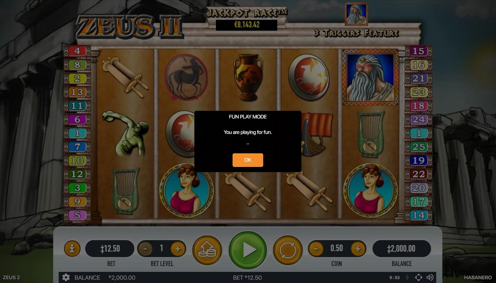 Zeus 2 slot gameplay showing 5x3 grid with Greek trireme, vase, statue and maiden symbols beneath a Race Jackpot meter