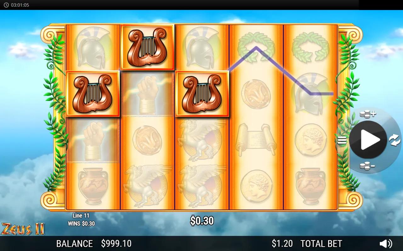 Zeus II slot 5x4 reels with stacked Zeus symbols, laurel-vine Greek columns, papyrus panels and blue sky background