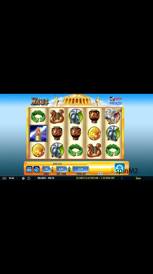 Zeus slot gameplay showing 5x4 grid with stacked Zeus symbols, Pegasus scatter and lightning-bolt Wild