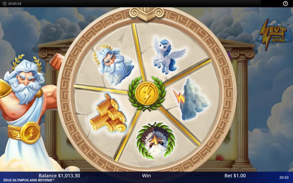 The Random Wheel feature spinning over the Zeus Olympus and Beyond reels with eagle, Pegasus, storm cloud and coin segments