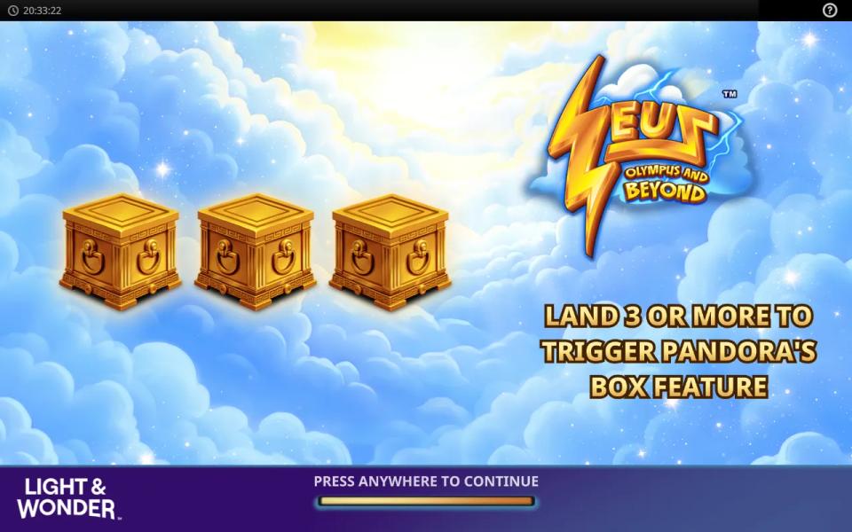 Zeus Olympus and Beyond intro screen showing three gold Pandora's Box chests and the three-scatter trigger rule