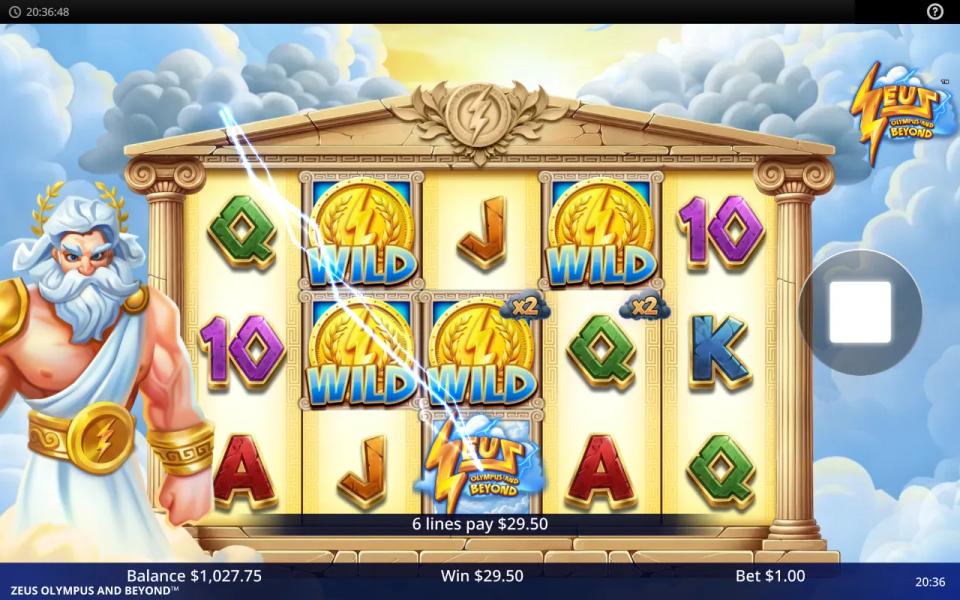 Lightning striking across the Zeus Olympus and Beyond reels with three gold wild coins and six winning lines