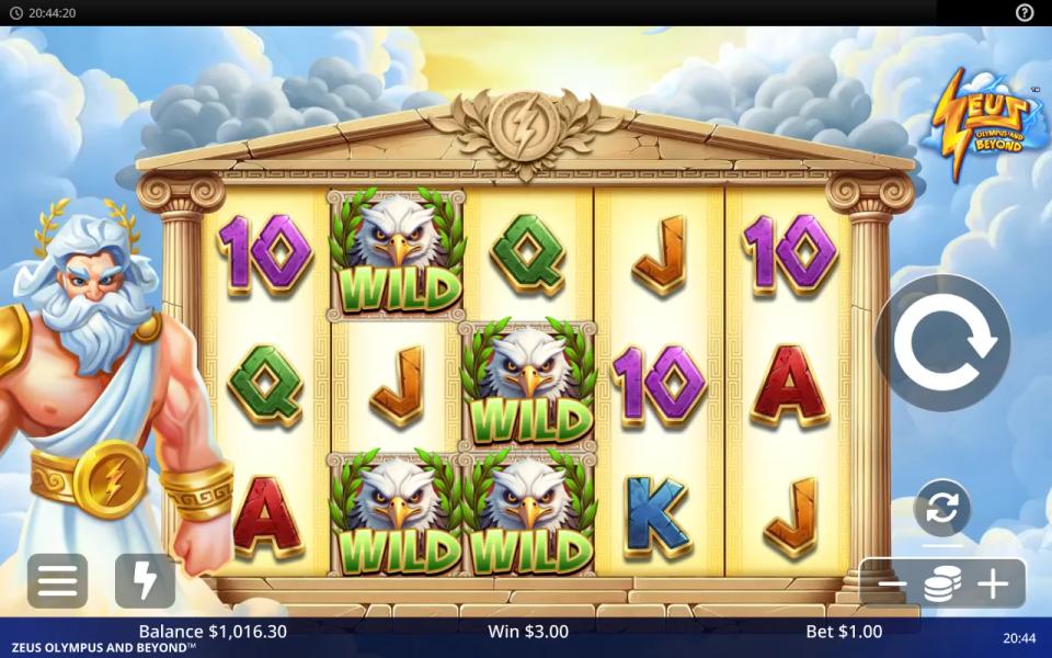 Four eagle wild symbols locked on the second and third reels of Zeus Olympus and Beyond during an Eagle Wilds respin