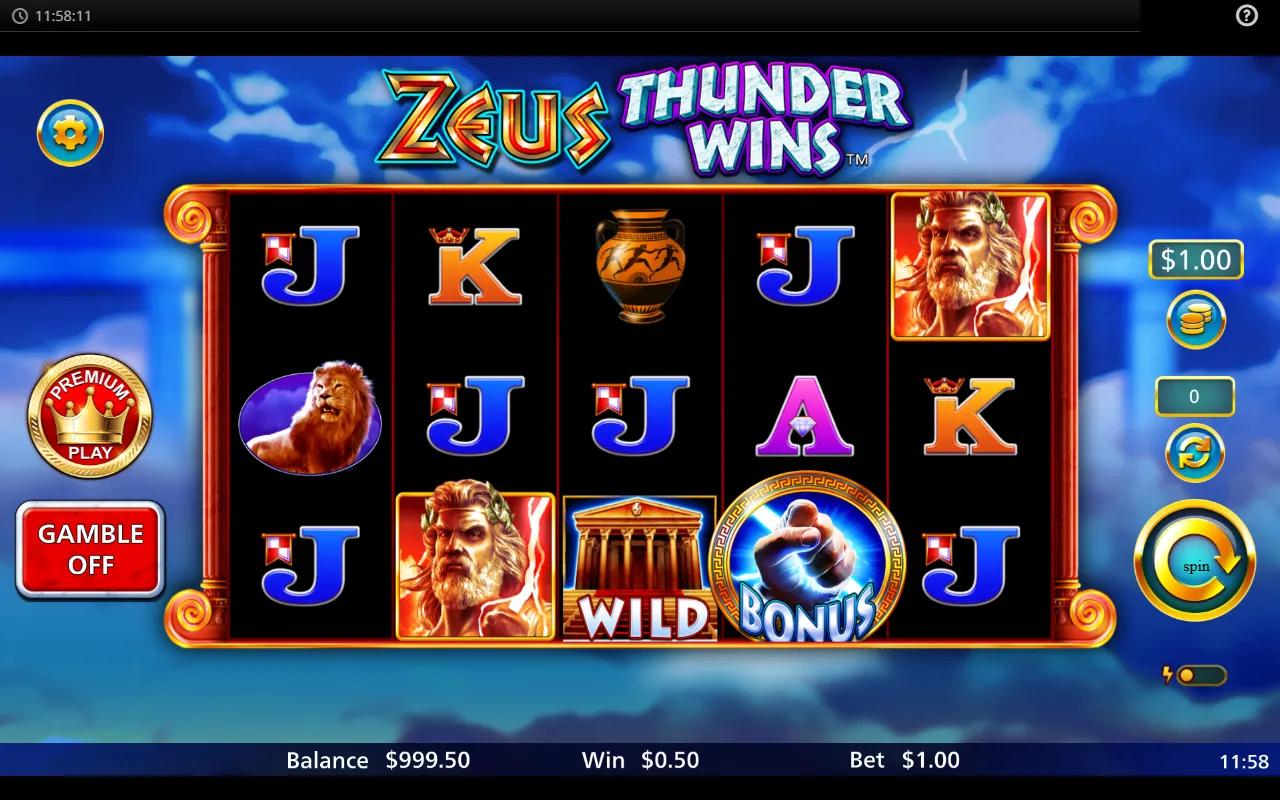 Zeus Thunder Wins slot showing 5x3 grid with Zeus portrait, lion and amphora symbols against ionic columns and stormclouds