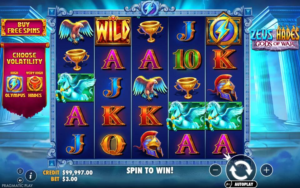 An expanding wild medallion sitting on the fifth reel of the Zeus vs Hades Gods of War Olympus grid with no winning line