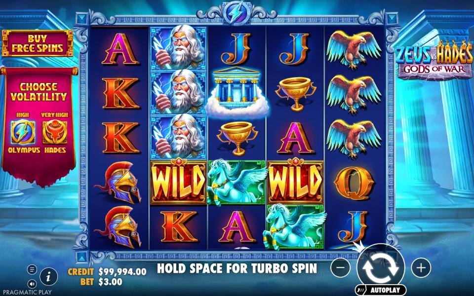 Three stacked Zeus symbols, two wilds and a temple scatter on the Zeus vs Hades Gods of War grid with no win