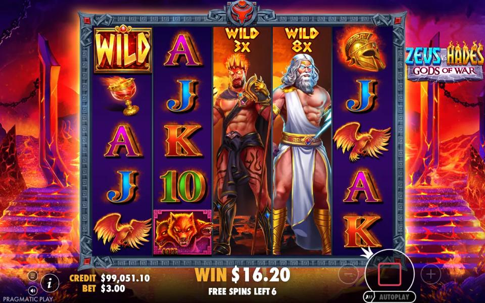 Two full expanding wild reels marked 3X and 8X standing side by side during Zeus vs Hades Gods of War free spins