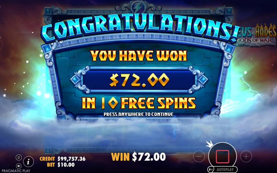 Zeus vs Hades Gods of War result card showing 72.00 won from ten free spins