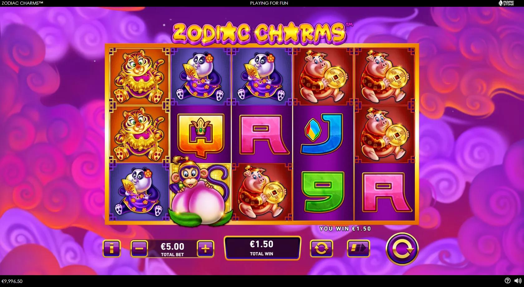 Zodiac Charms slot gameplay showing the 5x3 243-ways grid with zodiac animal symbols and monkey wild