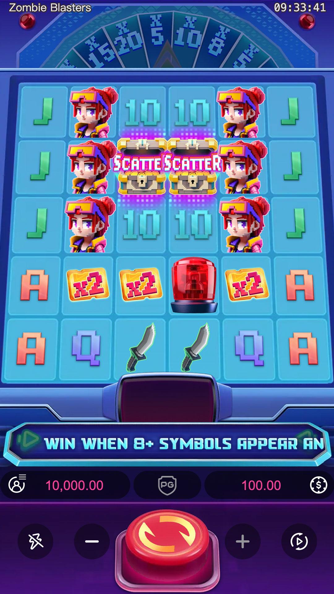 Zombie Blasters slot gameplay showing the 6x5 collapsing grid with the multiplier wheel, x2 symbols and chest Scatters