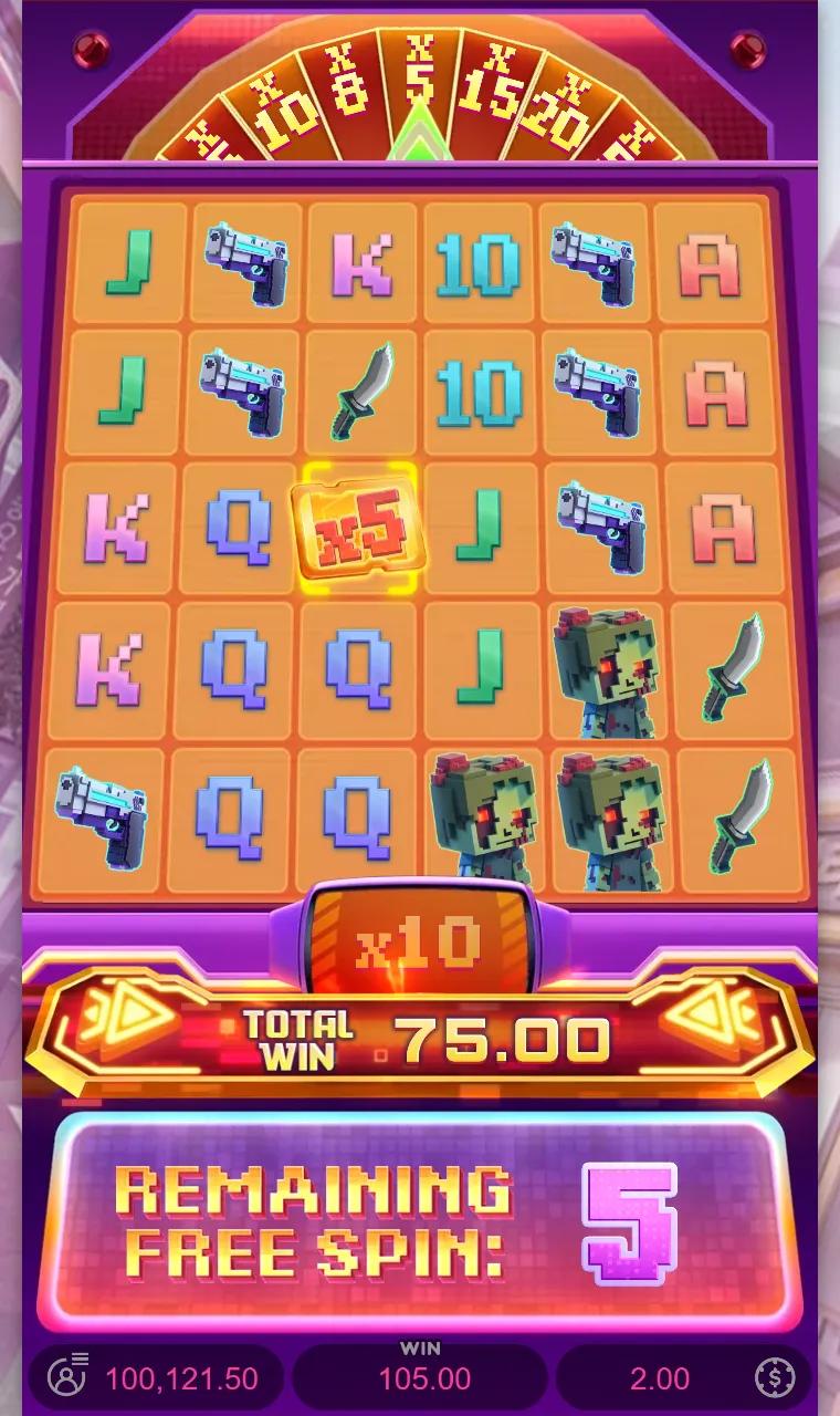 Zombie Blasters free spin with an x5 tile joining an x10 multiplier bank under the reels