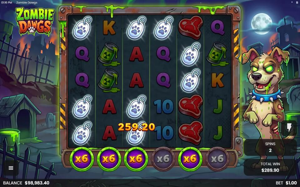 Zombie Dawgs 6x5 board in the Legendary Bonus with nine dog tags paying, four reel multipliers lit at x6 under reels 1, 2, 3 and 5
