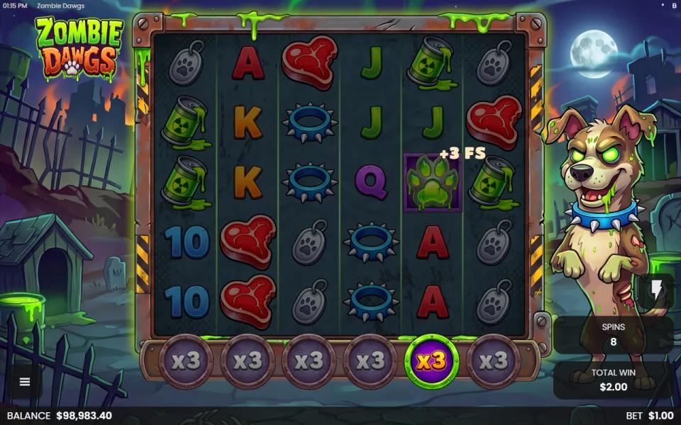 A Zombie Paw on reel 5 adding three free spins, with only the multiplier disc under reel 5 lit green and the other five grey