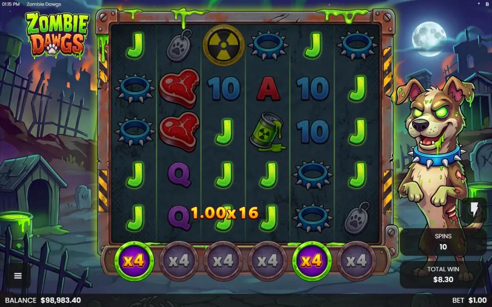 A gold Super Nuclear Multiplier at the top of reel 3 after raising all six reel multipliers to x4, with reels 1 and 5 active