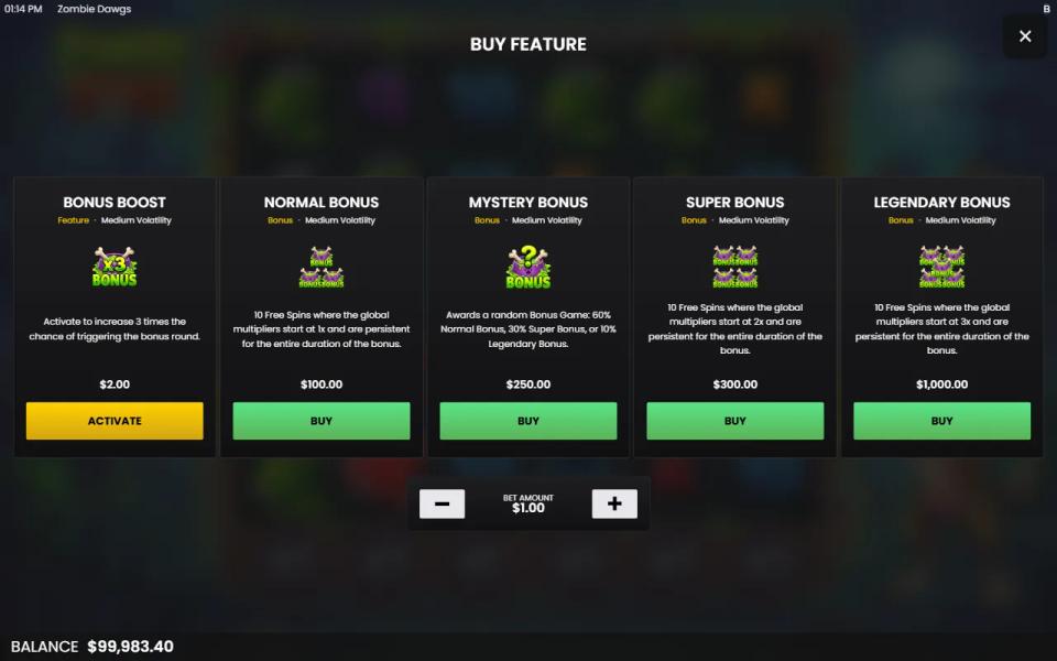 The Zombie Dawgs buy menu listing Bonus Boost, Normal Bonus, Mystery Bonus, Super Bonus and Legendary Bonus with their prices